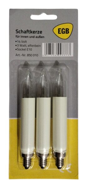 Schaftkerzenlampe 14V, 3W, E10, elfenbein/klar, 100mm, 3er Set