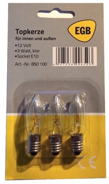 Riffelkerzen (Topkerze) 12V/3W, klar, E10, 3er Blister