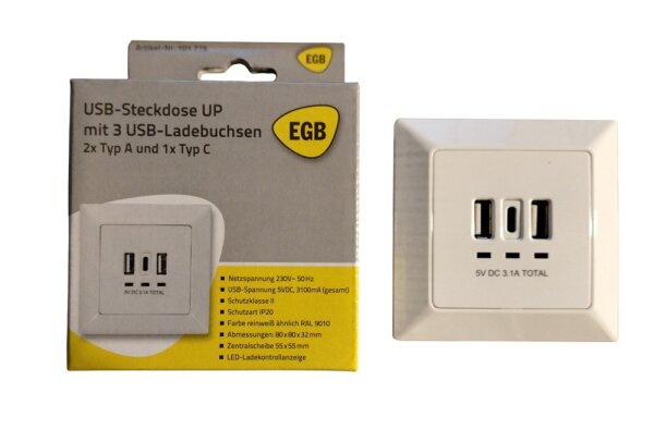 UP-Dose mit 2 USB Typ A + 1 USB Typ C Ausgang : DC 5.0V 3100mA-3400mA