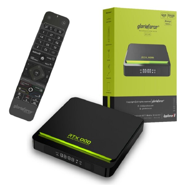 Gloriaforce RTX Duo 4K UHD IPTV Player Android 11,H.265,4GB RAM,64GB Flash,AV1, Wlan